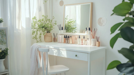 A dressing table in a bright bedroom, neatly organized with space on the wall for adding text.の素材