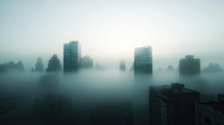 A foggy morning view of a cityscape with buildings partially obscured, featuring ample open space in the sky for text.の素材