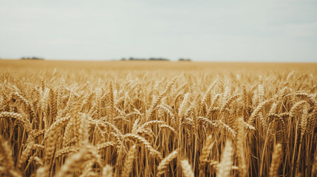 A golden field of ripe wheat ready for harvest, with a clear sky above and open space for adding text.の素材