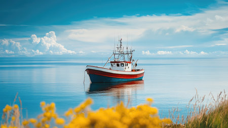 A fishing boat anchored near a scenic coastline, with a clear sky and ample space around for adding copyの素材