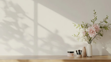 A dressing table with a vase of flowers and a few makeup items, with empty wall space for text.の素材
