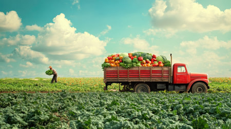 A farmer loading freshly harvested vegetables into a truck, with clear sky space around the scene for text placement.の素材