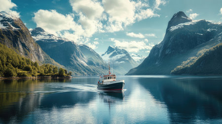 A fishing boat sailing in a picturesque lake surrounded by mountains, with ample clear space for text in the sky.の素材