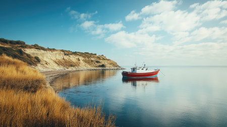 A fishing boat anchored near a scenic coastline, with a clear sky and ample space around for adding copyの素材