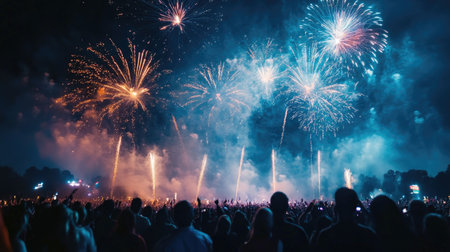A festive scene with multiple fireworks exploding over a crowd, featuring large open spaces in the sky for text.の素材