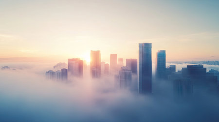 A foggy morning view of a cityscape with buildings partially obscured, featuring ample open space in the sky for text.の素材