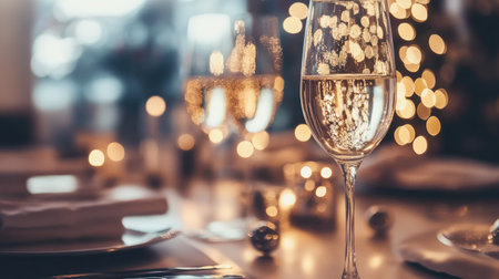 A festive New Year's Eve table setup with sparkling decorations, leaving room for text in the background. -の素材