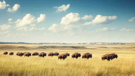 A herd of buffaloes moving across a grassy plain, with a vast and clear background offering space for text.の素材