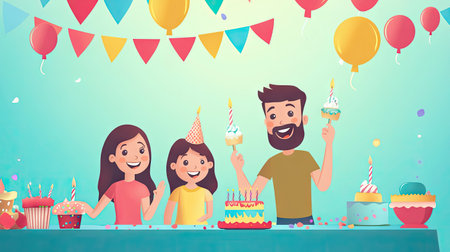 A happy family enjoying a birthday party with decorations, featuring clean space in the background for text.の素材