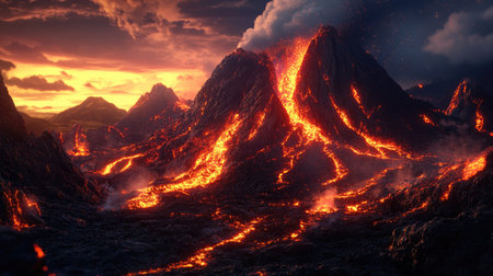 A landscape view of a volcanic eruption with lava streams and a clean background for adding text.の素材