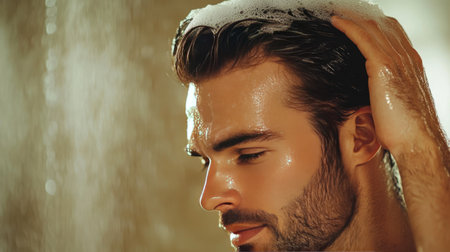A man in the shower, lathering shampoo into his hair with a clean, blurred background, offering ample space for text.の素材