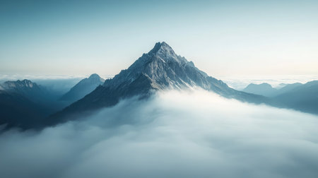 A mountain peak rising above a sea of fog, with the foggy expanse below and a clear sky above for text placement.の素材