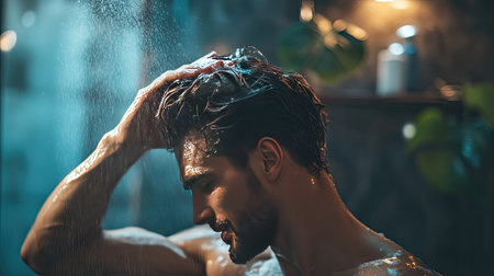 A man washing his hair in a spa-like setting with soft lighting, surrounded by a clean background offering space for text.の素材
