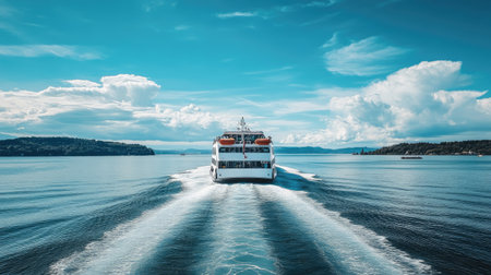 A modern ferry moving across a harbor with plenty of open water and sky for copy.の素材