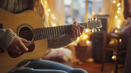 A musician playing an acoustic guitar in a cozy room, with a clear and soft-focus background for adding text or copy.の素材