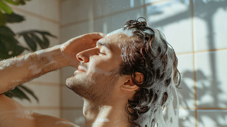 A man rinsing shampoo from his hair with his head tilted back in a modern bathroom, featuring plenty of open space for adding text. -の素材