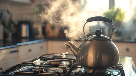 A kettle with steam rising, placed on a kitchen stovetop with a blurred background for adding copy.の素材