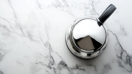 A kettle with a shiny finish on a marble kitchen counter, with a clear area in the background for adding text.の素材