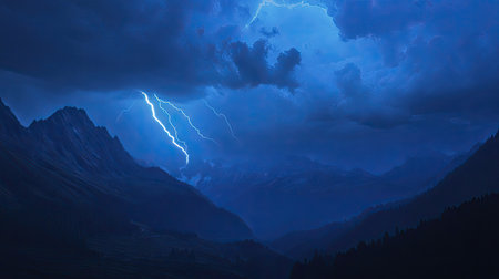 A lightning bolt illuminating the sky over a mountain range, with large areas of dark sky for adding text.の素材