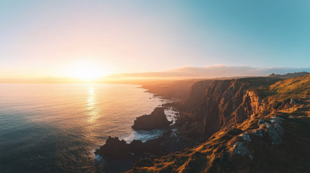 A panoramic view of a sunrise over a coastal cliff, with a clear sky for text placement.の素材