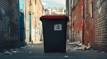A large outdoor rubbish bin in an alleyway, with a clean sky and space for adding copyの素材