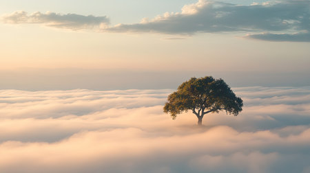 A lone tree standing tall above a sea of fog, with a soft-focus background providing space for adding text.の素材