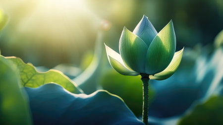 A lotus bud about to bloom with soft sunlight filtering through leaves and open space for copy.の素材