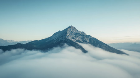 A mountain peak rising above a sea of fog, with the foggy expanse below and a clear sky above for text placement.の素材