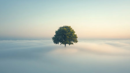 A lone tree standing tall above a sea of fog, with a soft-focus background providing space for adding text.の素材