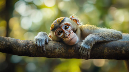 A monkey lying on a branch with a sad look, with a blurred forest background offering space for text placement.の素材