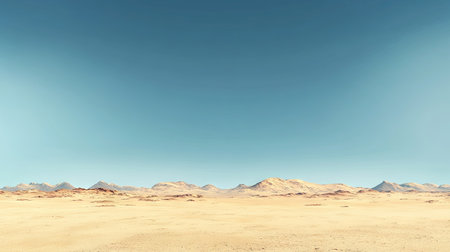 A panoramic view of an open desert landscape with sand dunes and a clear sky, providing space for copy.の素材