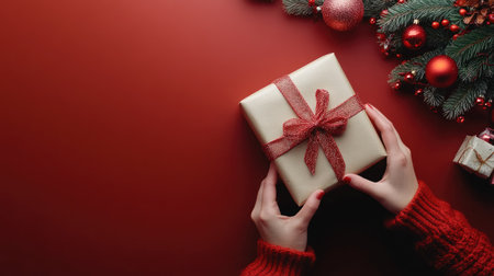 A pair of hands unwrapping a gift, with a festive background and plenty of space for adding text.の素材