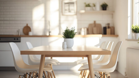 A modern dining table set with minimal decor in a bright kitchen, with clean space around for copy.の素材