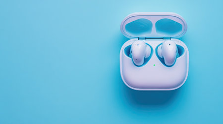 A pair of earphones in their charging case with a plain background, offering a large area for adding text or copy.の素材