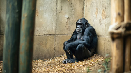 A monkey showing signs of illness while sitting in a corner of its enclosure, with ample space in the background for text.の素材