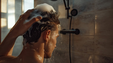 A man rinsing shampoo from his hair with his head tilted back in a modern bathroom, featuring plenty of open space for adding text. -の素材