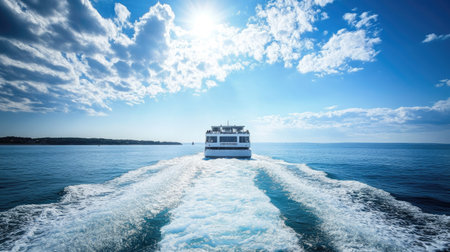 A modern ferry moving across a harbor with plenty of open water and sky for copy.の素材