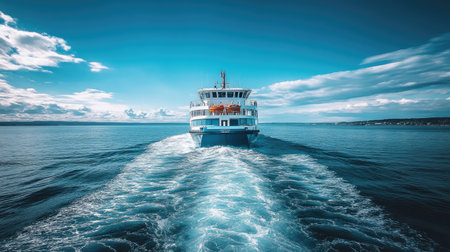 A modern ferry moving across a harbor with plenty of open water and sky for copy.の素材