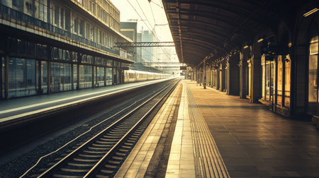 A quiet train station platform with an empty track and ample space for text.の素材
