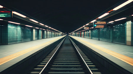 A quiet train station platform with an empty track and ample space for text.の素材