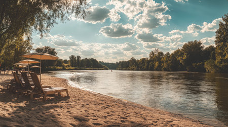 A peaceful riverside beach with sun loungers and umbrellas, with a large area of sky and river for adding text. -の素材