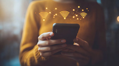 A person holding a smartphone with wireless communication symbols above it, with a neutral background for adding text.の素材