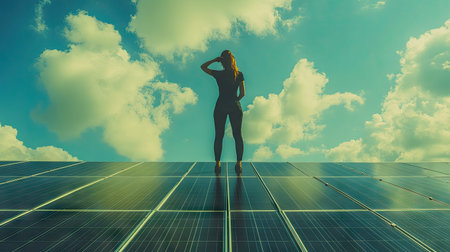 A person adjusting solar panels on a roof with a clean, blue sky background for adding copy. -の素材