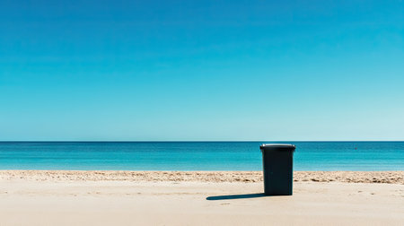 A rubbish bin on a sandy beach, with clear sky and ocean horizon providing space for text.の素材