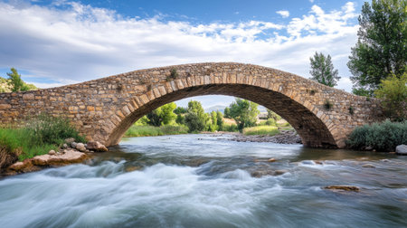 A picturesque stone bridge crossing a flowing river, with clean, open sky above for text placement.の素材