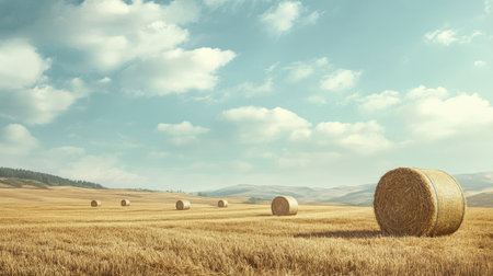 A picturesque harvest scene with hay bales scattered across a field, featuring ample open space in the sky for text.の素材