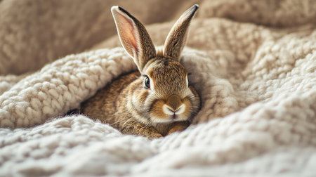 A rabbit lying down comfortably on a blanket with a neutral background, providing plenty of space for text placement.の素材