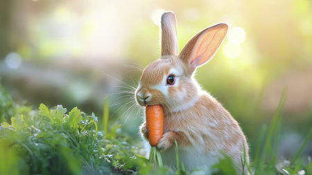 A rabbit munching on a carrot with a clean, unobtrusive background offering plenty of room for adding text.の素材