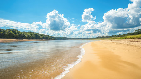 A serene beach with golden sand along a riverbank, with ample open space in the sky and water for adding text.の素材