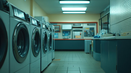 A row of washing machines in a laundromat, with a wide, clean space above for copy placement. 75の素材